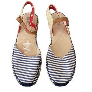 White Mountain Espadrille Striped Tan/Blue‎ Sandals Sz 6.5